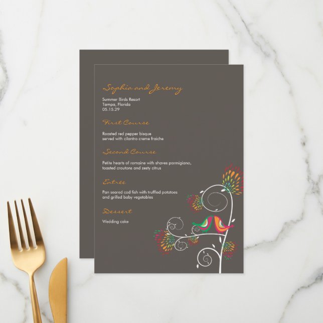 Whimsical Colourful Kissing Summer Birds Wedding Menu (Front/Back In Situ)
