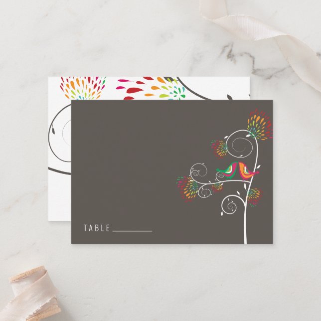 Whimsical Colourful Kissing Summer Birds Wedding Place Card (Front/Back In Situ)