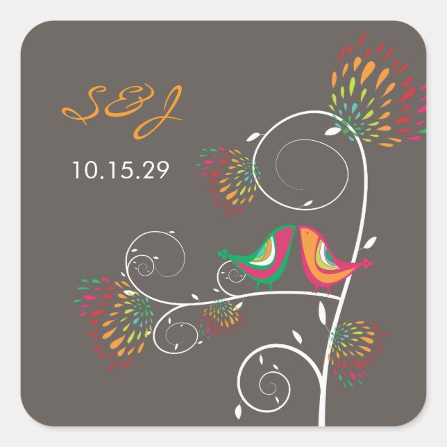 Whimsical Colourful Kissing Summer Birds Wedding Square Sticker (Front)