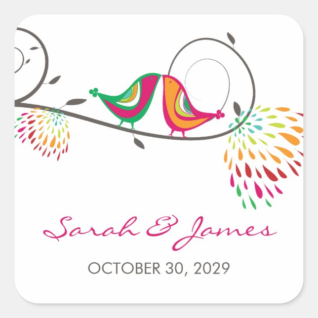 Whimsical Colourful Kissing Summer Birds Wedding Square Sticker (Front)