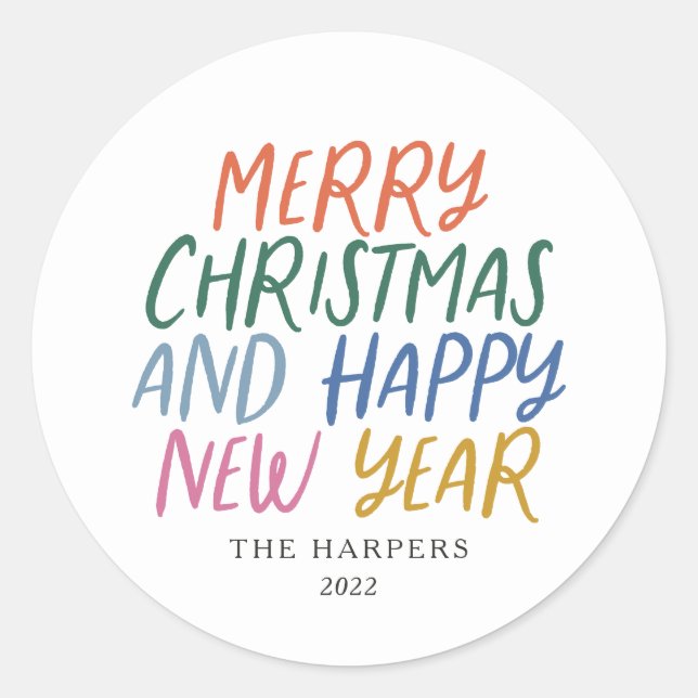 Whimsical Colourful Merry Christmas Happy New Year Classic Round Sticker (Front)