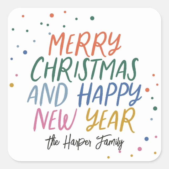 Whimsical Colourful Merry Christmas Happy New Year Square Sticker (Front)