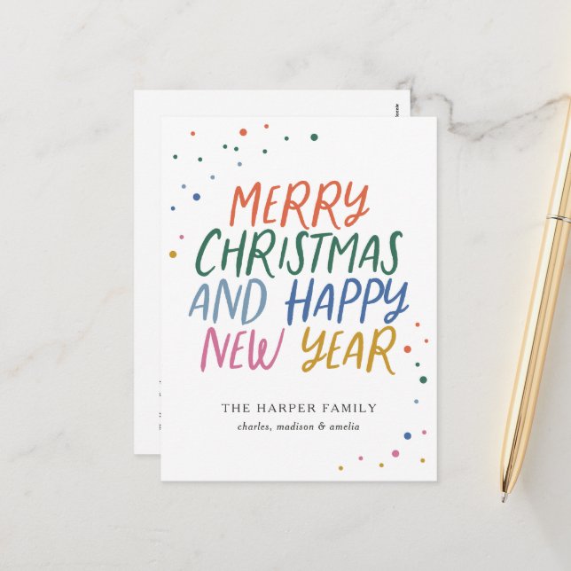 Whimsical Colourful Merry Christmas New Year Dots Holiday Postcard (Front/Back In Situ)