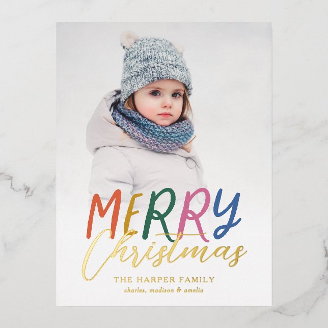 Whimsical Colourful Merry Full Photo Bright Letter Foil Holiday Postcard (Front)