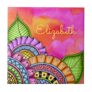 Whimsical Colourful Modern Floral Watercolor Tile