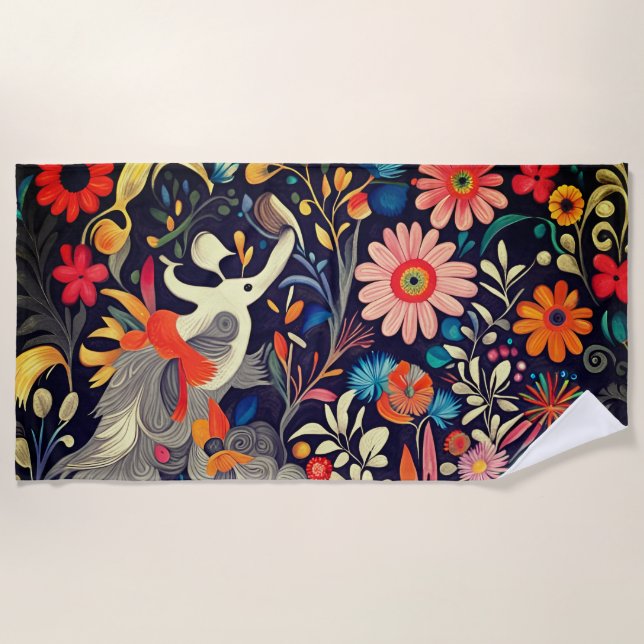 Whimsical Colourful Otomi Pattern Beach Towel (Front)