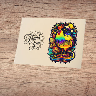 Whimsical Colourful Rooster Cartoon Thank You Card