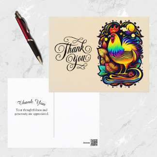 Whimsical Colourful Rooster Cartoon Thank You Postcard