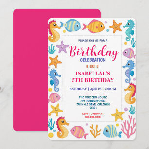 whimsical colourful seahorse star birthday party  save the date