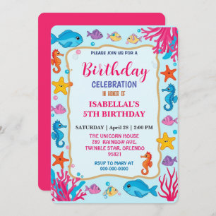 whimsical colourful seahorse star birthday party save the date