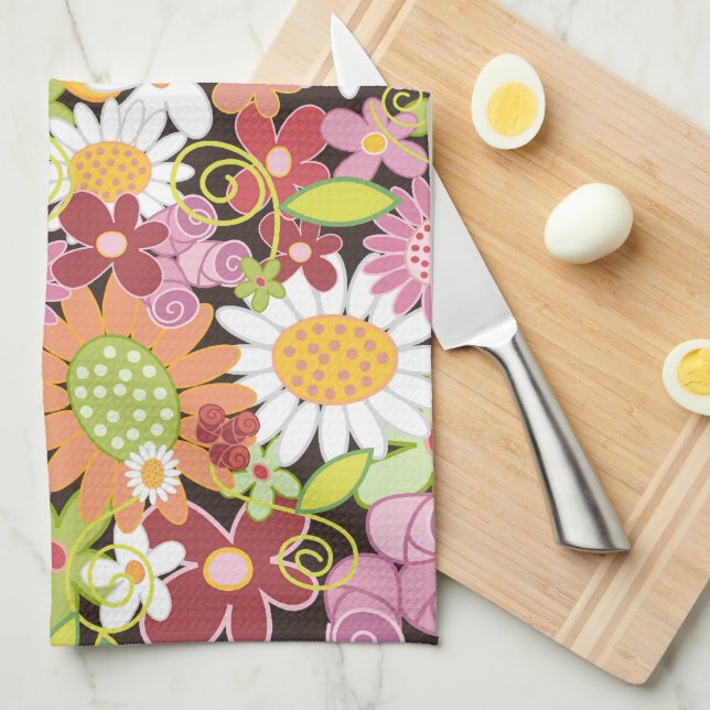 Whimsical Colourful Spring Flowers Floral Garden Tea Towel (Quarter Fold)