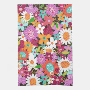 Whimsical Colourful Spring Flowers Floral Garden Tea Towel