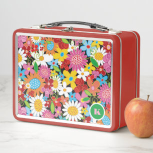 Whimsical Colourful Spring Flowers Garden Monogram Metal Lunch Box