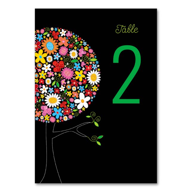 Whimsical Colourful Spring Flowers Pop Tree Blooms Table Number (Front)