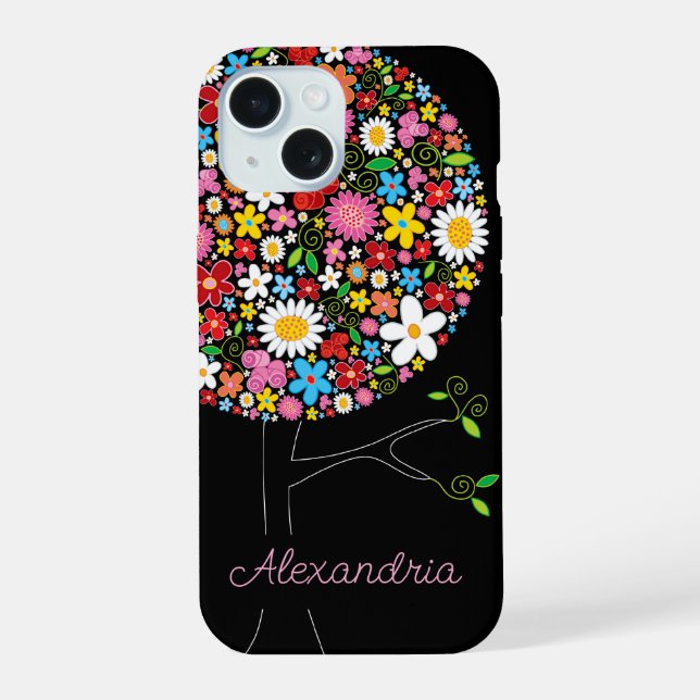 Whimsical Colourful Spring Flowers Pop Tree Nature iPhone 15 Case (Back)