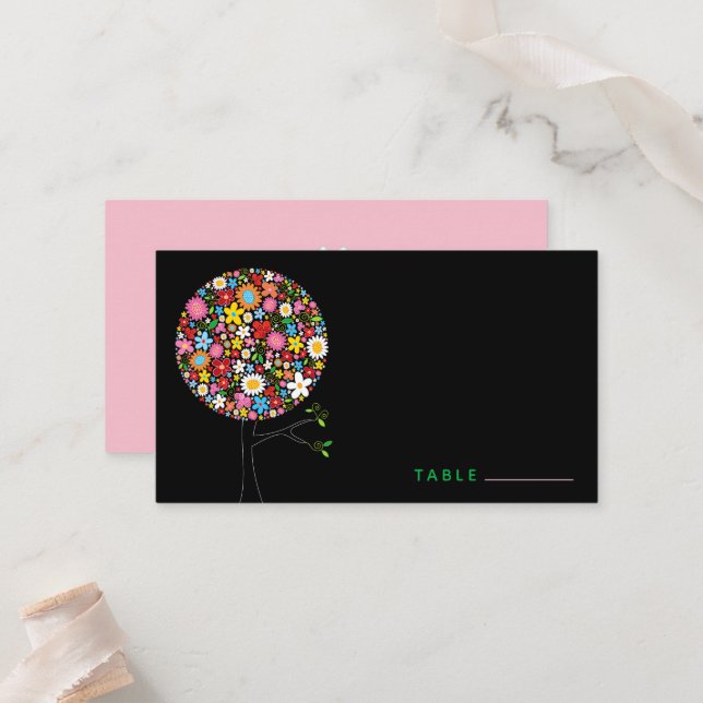 Whimsical Colourful Spring Flowers Pop Tree Party Place Card (Front/Back In Situ)