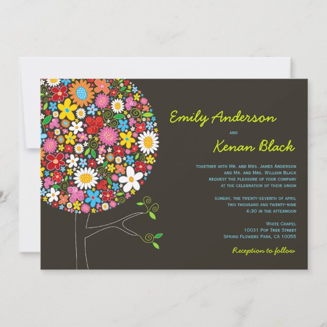 Whimsical Colourful Spring Flowers Pop Tree Weddin Invitation (Front)