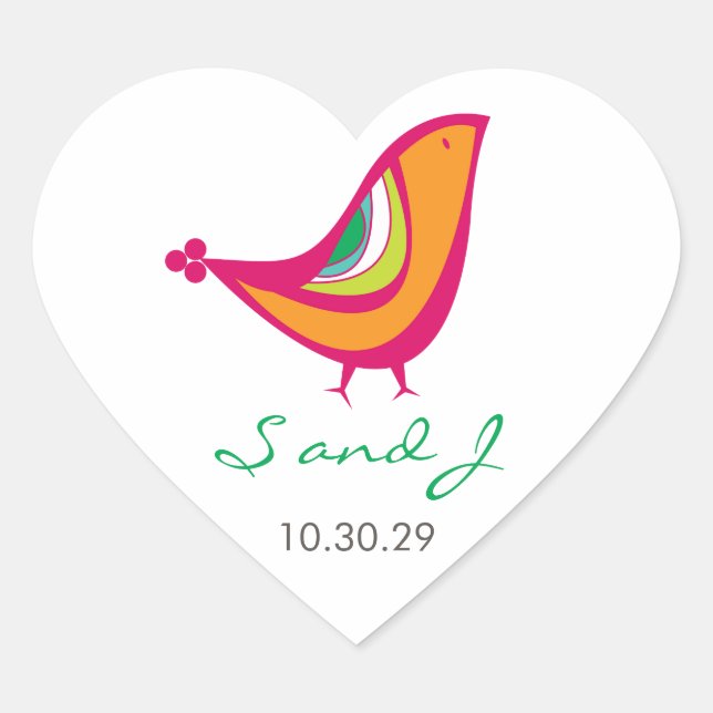 Whimsical Colourful Summer Bird Modern Chic Weddin Heart Sticker (Front)