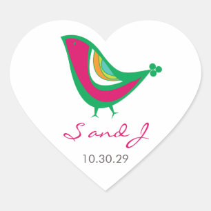 Whimsical Colourful Summer Bird Modern Chic Weddin Heart Sticker