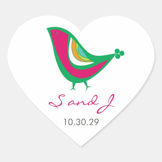 Whimsical Colourful Summer Bird Modern Chic Weddin Heart Sticker (Front)