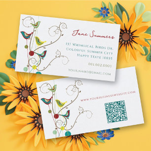 Whimsical Colourful Summer Birds And Swirls Modern Business Card