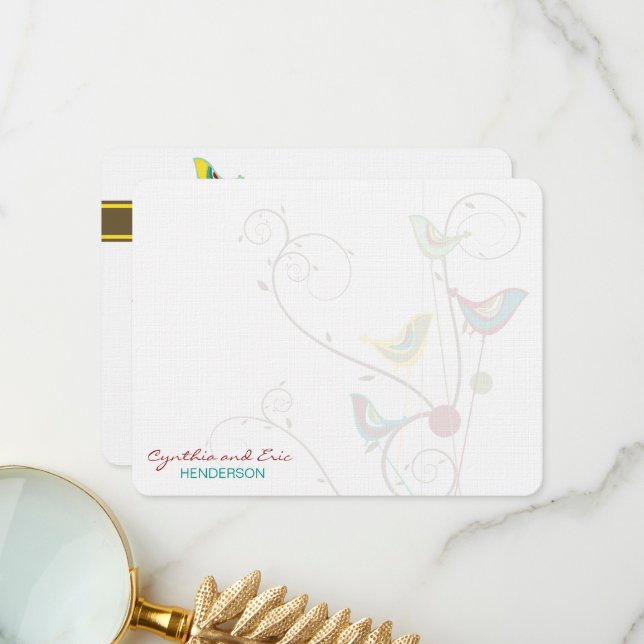 Whimsical Colourful Summer Birds & Swirls Wedding Thank You Card (Front/Back In Situ)