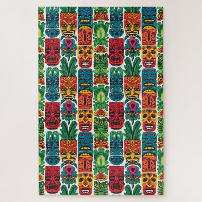 Whimsical Colourful Tropical Tiki Masks Difficult Jigsaw Puzzle (Vertical)