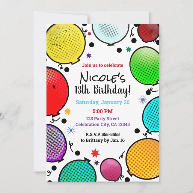 Whimsical Comic Style Balloons Birthday Party Invitation (Front)