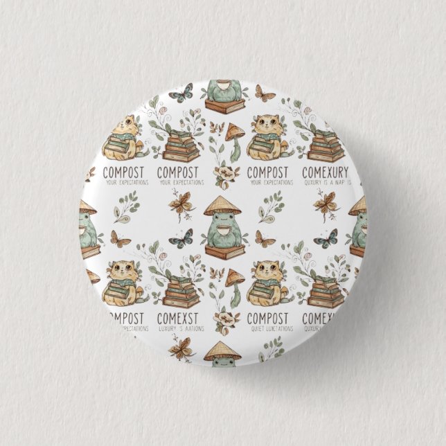 Whimsical "Compost Your Expectations" Frog & Cat P 3 Cm Round Badge (Front)