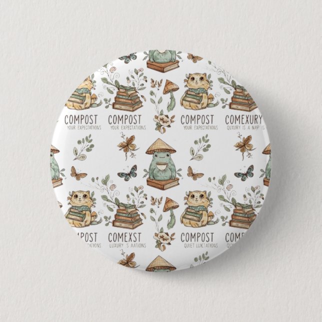 Whimsical "Compost Your Expectations" Frog & Cat P 6 Cm Round Badge (Front)