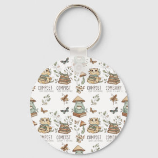Whimsical "Compost Your Expectations" Frog & Cat P Key Ring