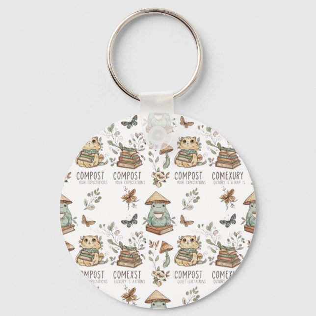 Whimsical "Compost Your Expectations" Frog & Cat P Key Ring (Front)