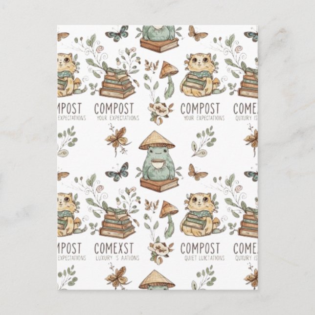 Whimsical "Compost Your Expectations" Frog & Cat P Postcard (Front)