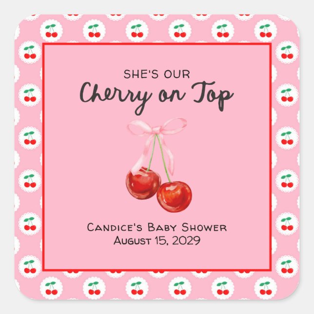 Whimsical Coqette Cherry on Top Baby Shower  Square Sticker (Front)