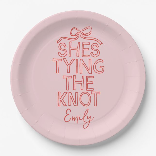 Whimsical coquette bow tying knot bridal shower paper plate (Front)