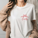 Whimsical coquette bow tying knot bridal shower T-Shirt<br><div class="desc">Whimsical coquette bow tying the knot modern boho elegant stylish handwritten bridal shower or bachelorette party decor matching t-shirt design. Contemporary red and pink collection.</div>