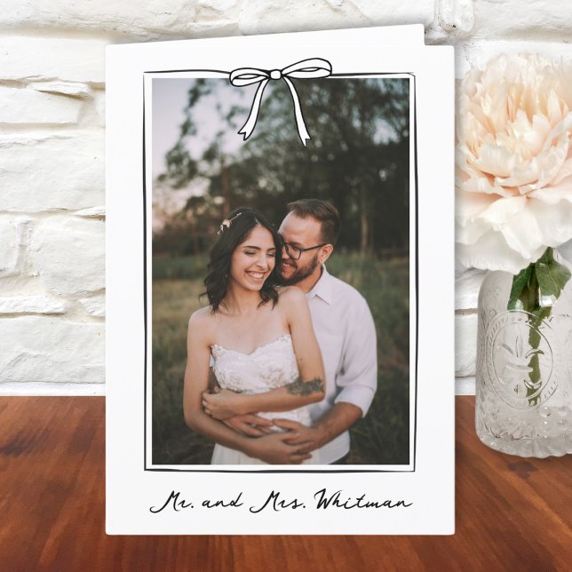 Whimsical Coquette Handwritten Bow Wedding  Thank You Card (Elegant bow personalized wedding thank you note. Add your names for a unique and heartfelt touch.)