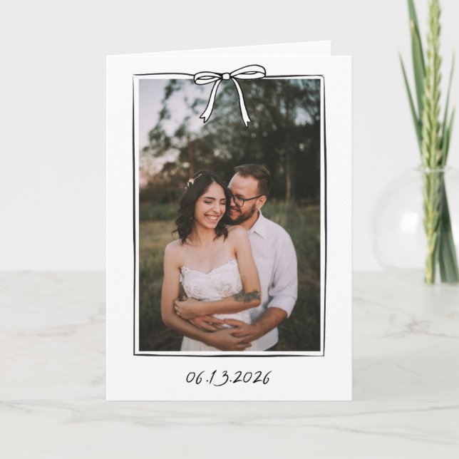 Whimsical Coquette Handwritten Bow Wedding  Thank You Card (Front)