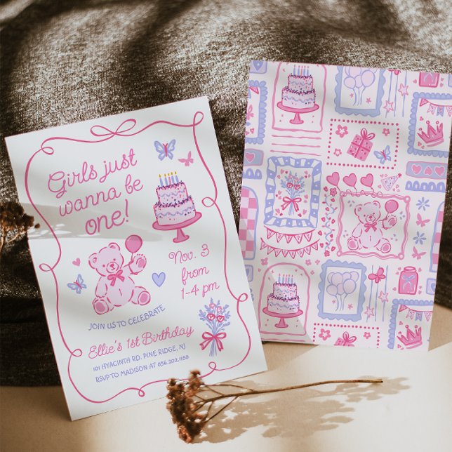 Whimsical Coquette Teddy Bear Pink Hand Drawn Invitation (Creator Uploaded)