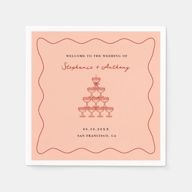 Whimsical Coral and Cherry Red Champagne Wedding Napkin (Front)
