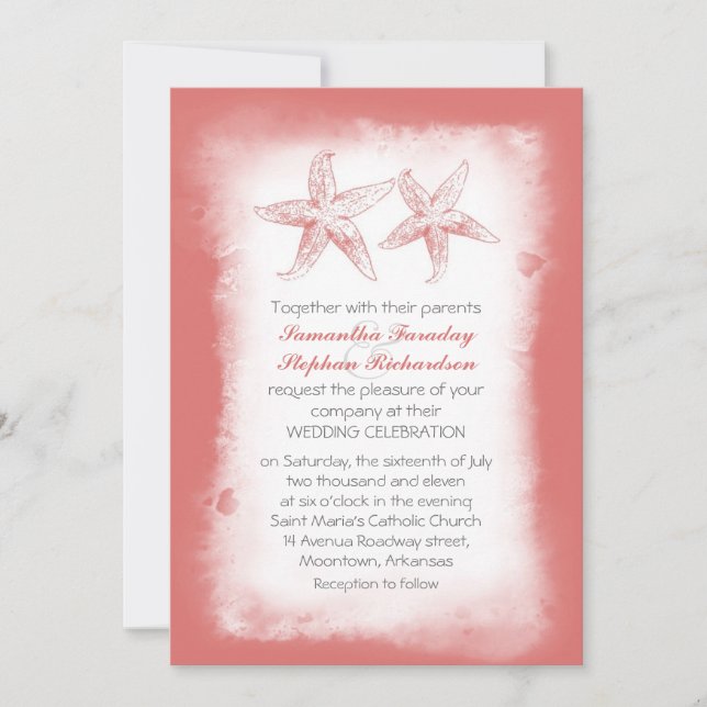 Whimsical coral beach wedding invitations (Front)