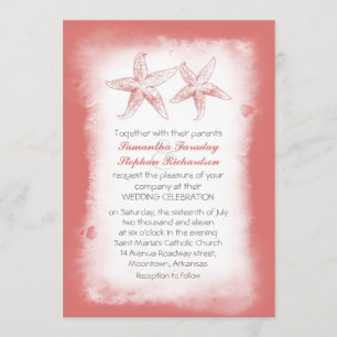 Whimsical coral beach wedding invitations