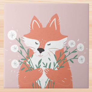 Whimsical Coral Fox with Dandelions Tile