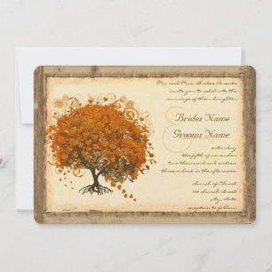Whimsical Coral Heart Leaf Tree Wedding Invitation