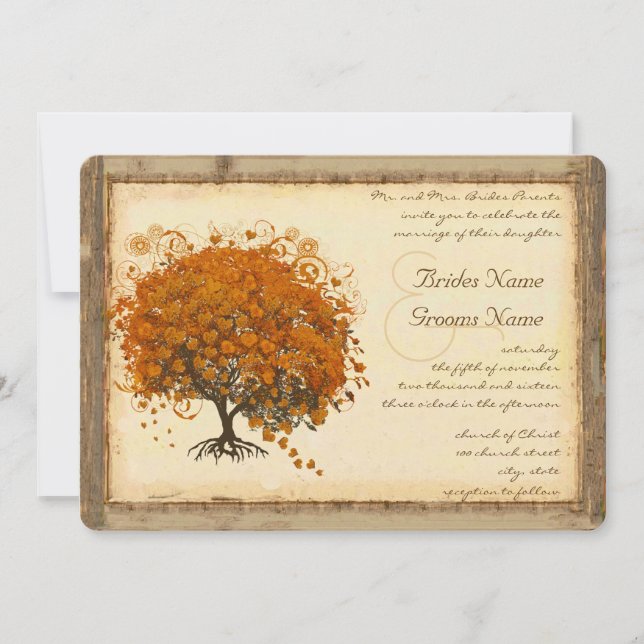 Whimsical Coral Heart Leaf Tree Wedding Invitation (Front)