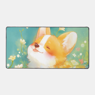 Whimsical Corgi Aqua Teal Sunny Meadow Spring Desk Mat