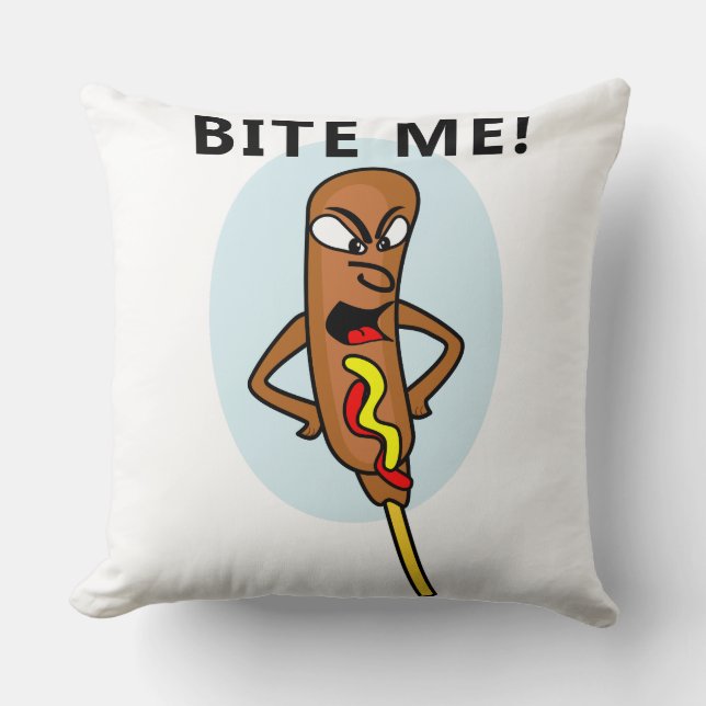 Whimsical Corn Dog with Mustard saying Bite Me Cushion (Front)