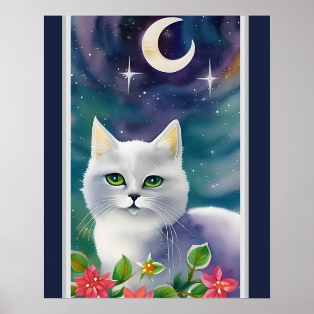Whimsical Cosmic Kitty Watercolor   Poster (Front)