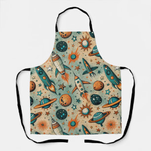 Whimsical Cosmic Rockets Stars Teal Coral Apron
