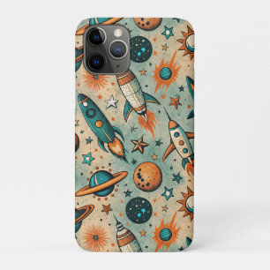 Whimsical Cosmic Rockets Stars Teal Coral iPhone 11 Pro Case